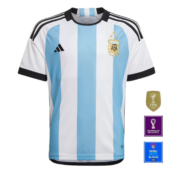 Camisa Argentina I 2022/23 Torcedor Adidas - Branca e Azul Celeste (3 estrelas + Patch Campeão Copa Mundo 2022)